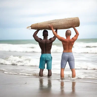 As the couple strolled along the beach, the man held the washboard over his partner's head, protecting her from the splashes of the ocean waves.