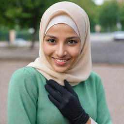 A smiling girl with a beige hijab, long green skirt, and black gloves. Her skin is white, her eyes are black, and she has a dimple on her right cheek.