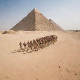 A formation of Egyptian army soldiers in traditional uniform, marching in the desert, with ancient pyramids in the background under a bright, clear sky.