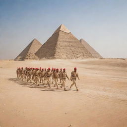 A formation of Egyptian army soldiers in traditional uniform, marching in the desert, with ancient pyramids in the background under a bright, clear sky.