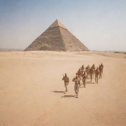 A formation of Egyptian army soldiers in traditional uniform, marching in the desert, with ancient pyramids in the background under a bright, clear sky.