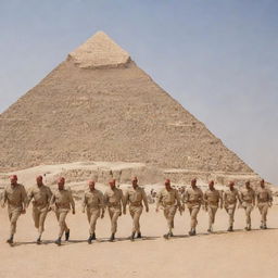 A formation of Egyptian army soldiers in traditional uniform, marching in the desert, with ancient pyramids in the background under a bright, clear sky.