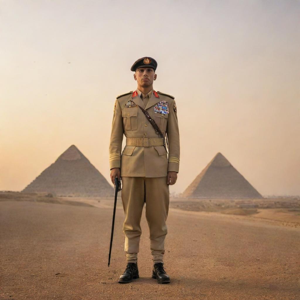 A proud Egyptian soldier standing at attention, dressed in contemporary military uniform. The Great Pyramids are faintly visible in the distant horizon under a golden sunset.