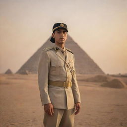 A proud Egyptian soldier standing at attention, dressed in contemporary military uniform. The Great Pyramids are faintly visible in the distant horizon under a golden sunset.