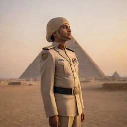 A proud Egyptian soldier standing at attention, dressed in contemporary military uniform. The Great Pyramids are faintly visible in the distant horizon under a golden sunset.