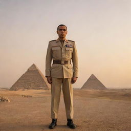 A proud Egyptian soldier standing at attention, dressed in contemporary military uniform. The Great Pyramids are faintly visible in the distant horizon under a golden sunset.