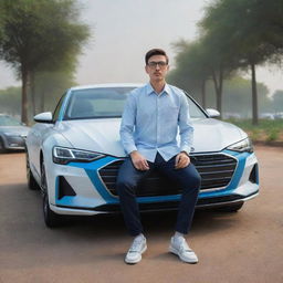 A 20-year-old with medium hair, luxury glasses and watch, wearing a sky blue and white casual shirt, sitting on a white Audi e-tron GT car parked at India's largest park. The car has a custom number plate reading 'Firoj Gi'. Rendered in 3D realistic art style.