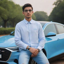 A 20-year-old with medium hair, luxury glasses and watch, wearing a sky blue and white casual shirt, sitting on a white Audi e-tron GT car parked at India's largest park. The car has a custom number plate reading 'Firoj Gi'. Rendered in 3D realistic art style.