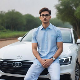 A 20-year-old with medium hair, luxury glasses and watch, wearing a sky blue and white casual shirt, sitting on a white Audi e-tron GT car parked at India's largest park. The car has a custom number plate reading 'Firoj Gi'. Rendered in 3D realistic art style.