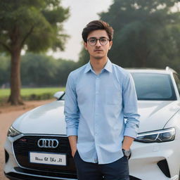 A 20-year-old with medium hair, luxury glasses and watch, wearing a sky blue and white casual shirt, sitting on a white Audi e-tron GT car parked at India's largest park. The car has a custom number plate reading 'Firoj Gi'. Rendered in 3D realistic art style.