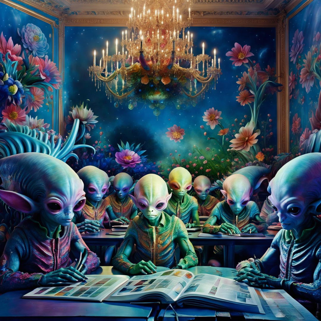 Hyper-realistic 3D photography of a rococo-style classroom filled with vibrant, unique aliens being taught by a majestic, intelligent alien. The room is adorned with floral aesthetics and the image exudes fantasy vibes.