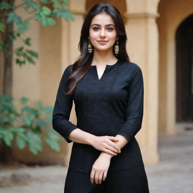 A beautiful girl dressed in a black kurta and pants.