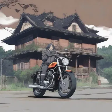 In the anime, the protagonist's motorcycle drew up in front of the haunted house.
