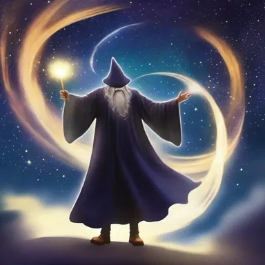 With a swift wave of his wand, the wizard drew up into the sky, leaving behind a trail of sparkling stardust.