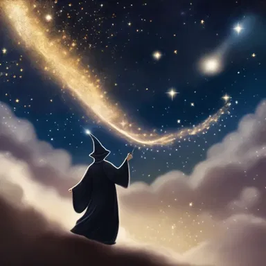 With a swift wave of his wand, the wizard drew up into the sky, leaving behind a trail of sparkling stardust.
