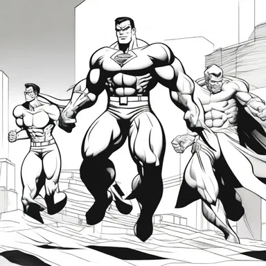 The artist used dynamic poses and strong lines to draw up the heroes in the comic book panel.