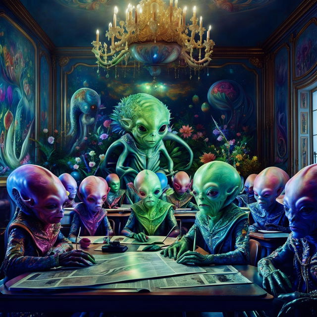 Hyper-realistic 3D photography of a rococo-style classroom filled with vibrant, unique aliens being taught by a majestic, intelligent alien. The room is adorned with floral aesthetics and the image exudes fantasy vibes.