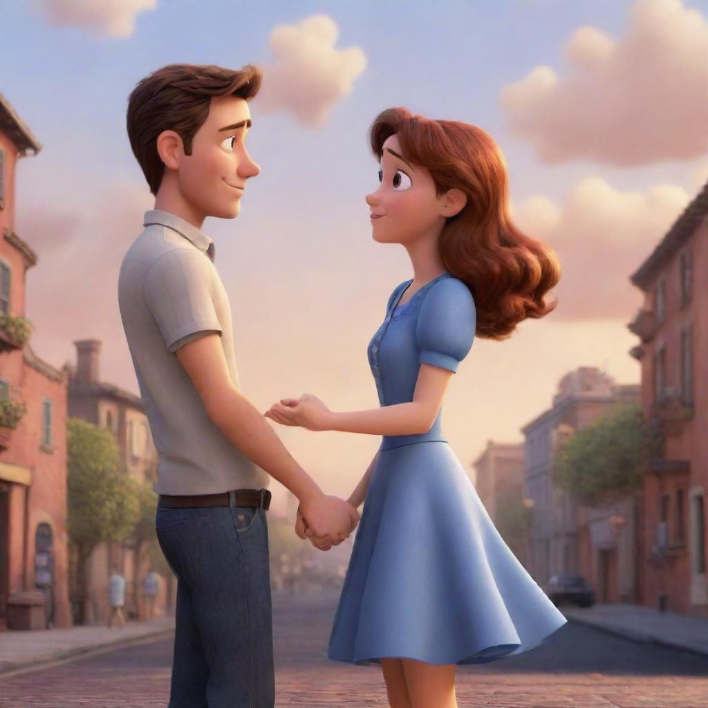 A Pixar-style Disney illustration of a girl reluctantly letting go of her boyfriend she loves for unknown reasons.