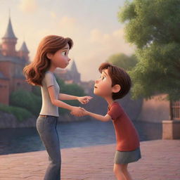 A Pixar-style Disney illustration of a girl reluctantly letting go of her boyfriend she loves for unknown reasons.