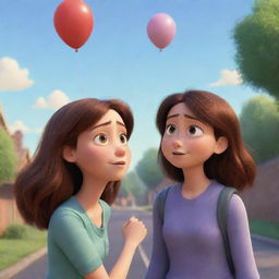 A Pixar-style Disney illustration of a girl reluctantly letting go of her boyfriend she loves for unknown reasons.