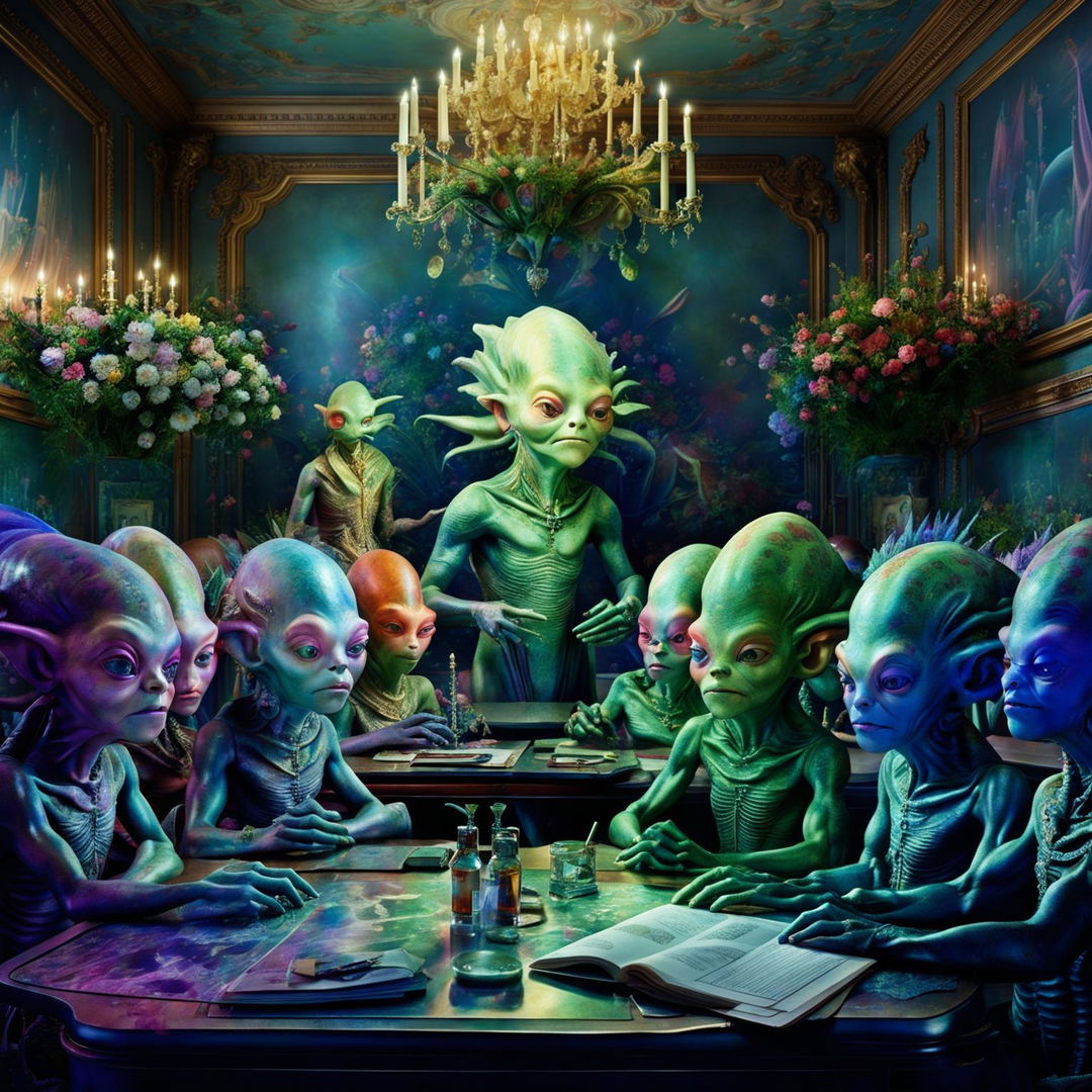 Hyper-realistic 3D photography of a rococo-style classroom filled with vibrant, unique aliens being taught by a majestic, intelligent alien. The room is adorned with floral aesthetics and the image exudes fantasy vibes.