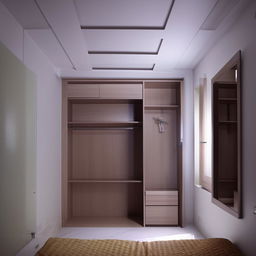 Interior design of a 16x13 room with no windows, one door, including a bed, an almirah, a dressing table, and an LED TV.