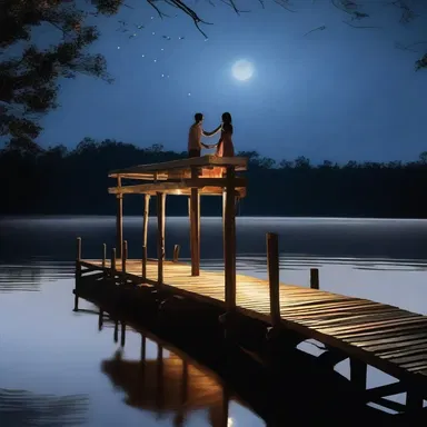 As they danced under the moonlight, the old wooden dock provided a romantic setting with the gentle creak of each step they took, harmonizing with their laughter.
