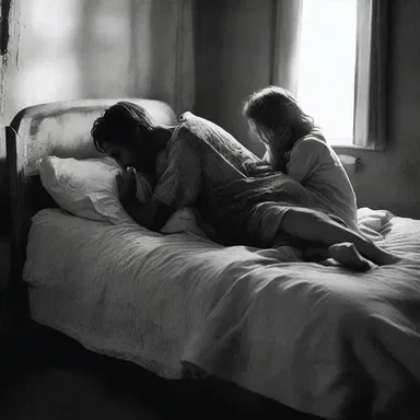 In the dimly lit room, their bodies intertwined as the old bed creaked.