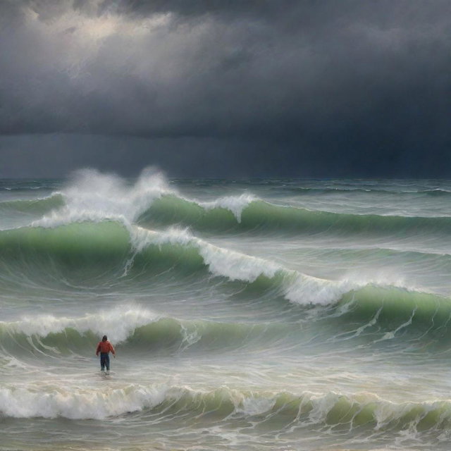 An expansive stormy seascape with choppy waves and moody skies, a confident figure in the foreground, unaffected by the turbulence. Pastel words of the idiom 'Navigating the storm, cool as a cucumber. Don't cry over spilled milk, just ride the waves' float above the scene.