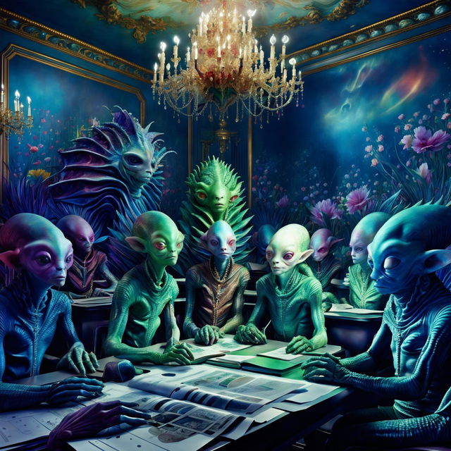 Hyper-realistic 3D photography of a rococo-style classroom filled with vibrant, unique aliens being taught by a majestic, intelligent alien. The room is adorned with floral aesthetics and the image exudes fantasy vibes.