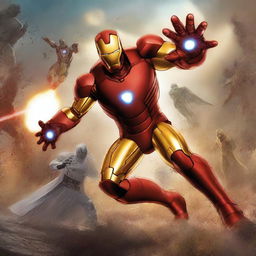 A high-quality digital art image depicts a dynamic scene where Iron Man, rendered in the distinct style of Marvel Comics, is engaged in an intense battle with Star Wars characters