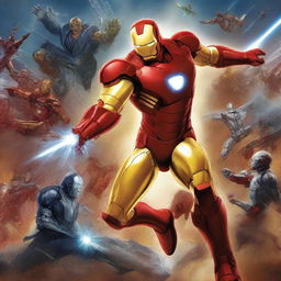 A high-quality digital art image depicts a dynamic scene where Iron Man, rendered in the distinct style of Marvel Comics, is engaged in an intense battle with Star Wars characters