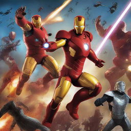 A high-quality digital art image depicts a dynamic scene where Iron Man, rendered in the distinct style of Marvel Comics, is engaged in an intense battle with Star Wars characters