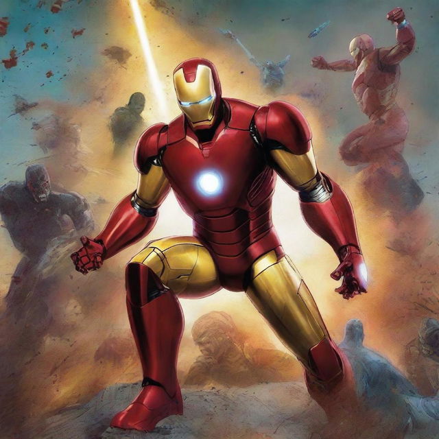 A high-quality digital art image depicts a dynamic scene where Iron Man, rendered in the distinct style of Marvel Comics, is engaged in an intense battle with Star Wars characters