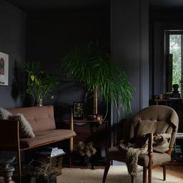 Cozy dark cottagecore living room with vintage furniture, ambient lighting, and plant accents.