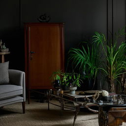 Cozy dark cottagecore living room with vintage furniture, ambient lighting, and plant accents.