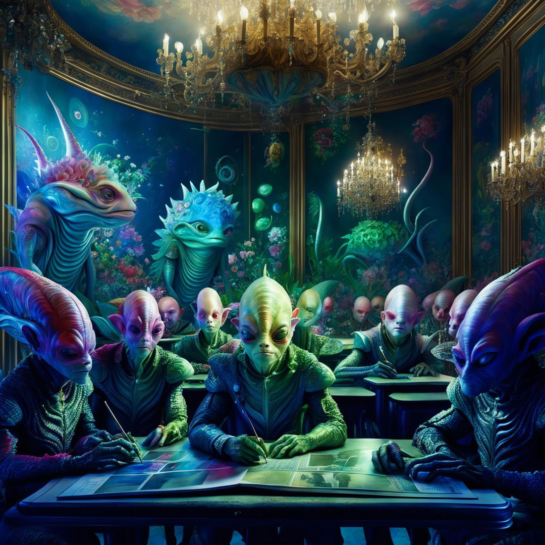 Hyper-realistic 3D photography of a rococo-style classroom filled with vibrant, unique aliens being taught by a majestic, intelligent alien. The room is adorned with floral aesthetics and the image exudes fantasy vibes.