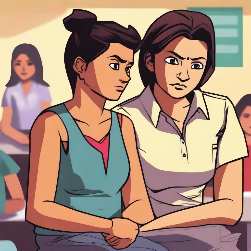 A high-quality digital art piece depicting a modern Indian mother, with short hair styled in a step cut, sternly reprimanding a teenage girl