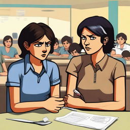 A high-quality digital art piece depicting a modern Indian mother, with short hair styled in a step cut, sternly reprimanding a teenage girl