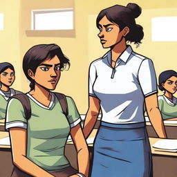 A high-quality digital art piece depicting a modern Indian mother, with short hair styled in a step cut, sternly reprimanding a teenage girl