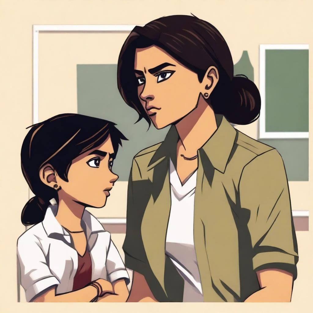 A high-quality digital art piece depicting a modern Indian mother, with short hair styled in a step cut, sternly reprimanding a teenage girl