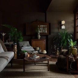 Cozy dark cottagecore living room with vintage furniture, ambient lighting, and plant accents.