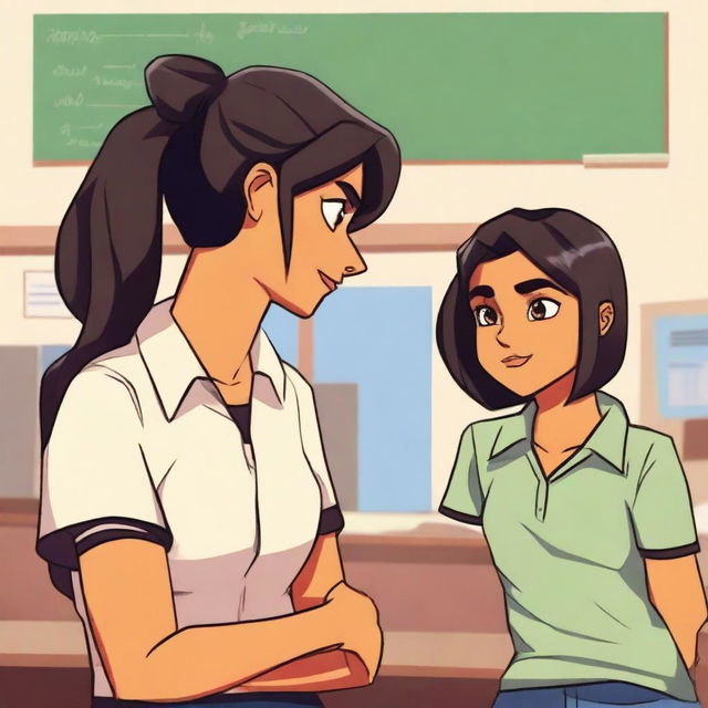 A high-quality digital art featuring a contemporary Indian mother with short, step-cut hair, sternly admonishing a teenage girl