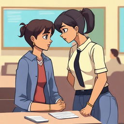 A high-quality digital art featuring a contemporary Indian mother with short, step-cut hair, sternly admonishing a teenage girl