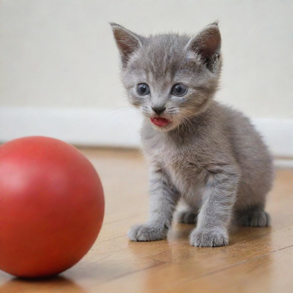 A small grey kitten playing with a red ball that's larger than itself