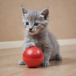 A small grey kitten playing with a red ball that's larger than itself