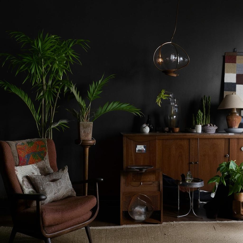 Cozy dark cottagecore living room with vintage furniture, ambient lighting, and plant accents.