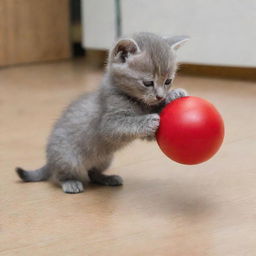 A small grey kitten playing with a red ball that's larger than itself