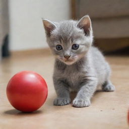 A small grey kitten playing with a red ball that's larger than itself