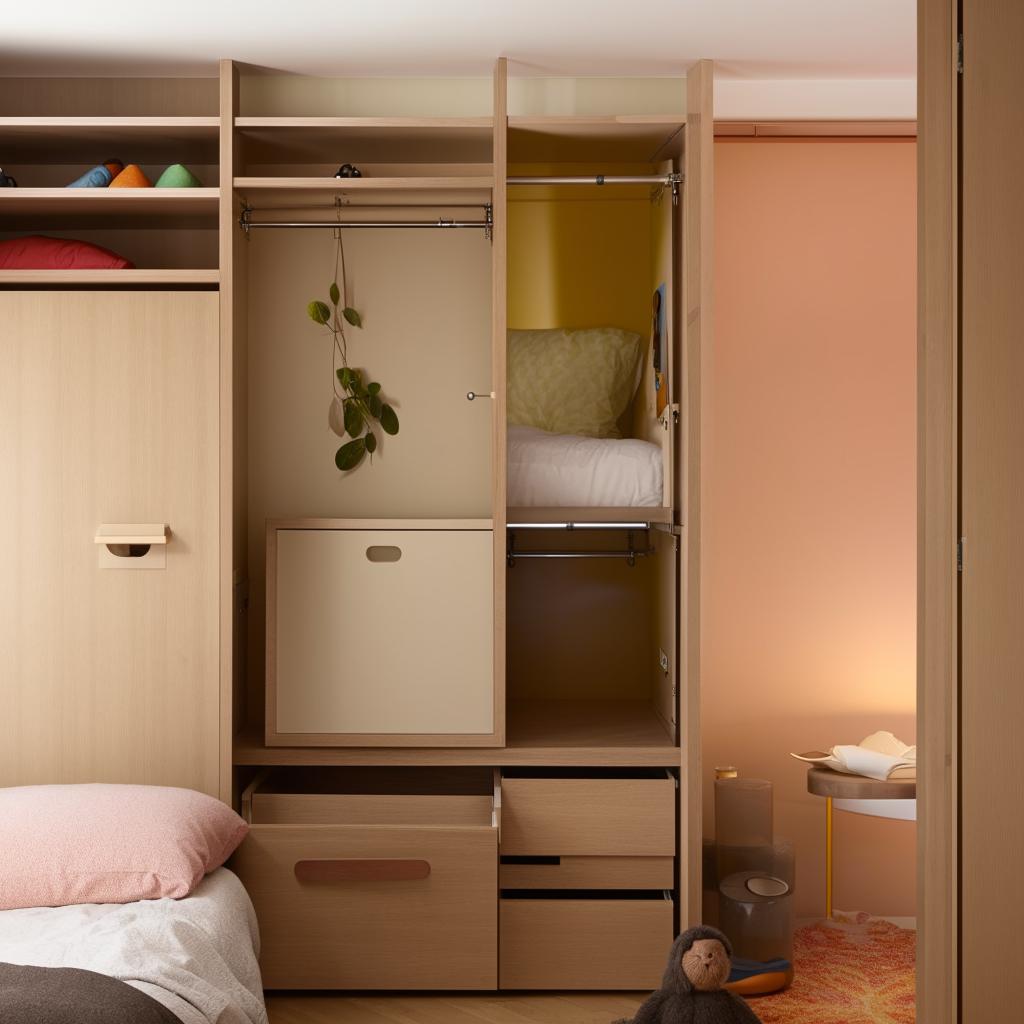 A compact bedroom design maximizing space utilization with multifunctional furniture and clever storage solutions, in a warm and inviting color palette.